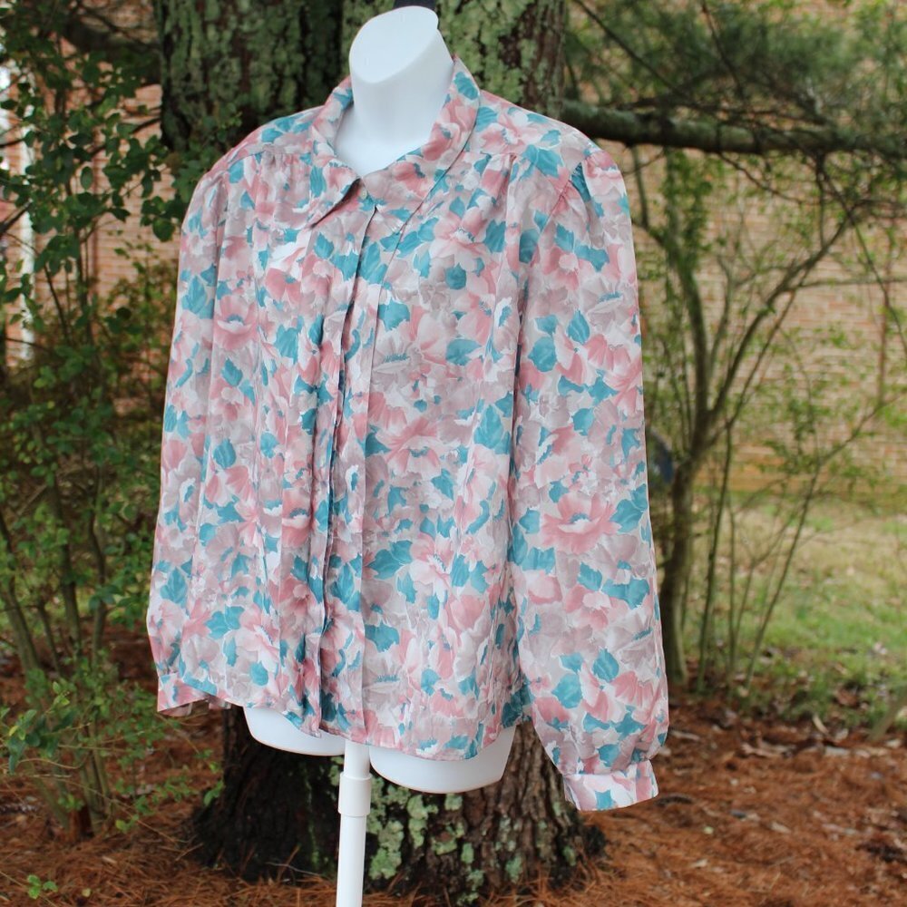 Vintage The American Collection Women's Pink and Green Floral Long Sleeve Top - Picture 5 of 9